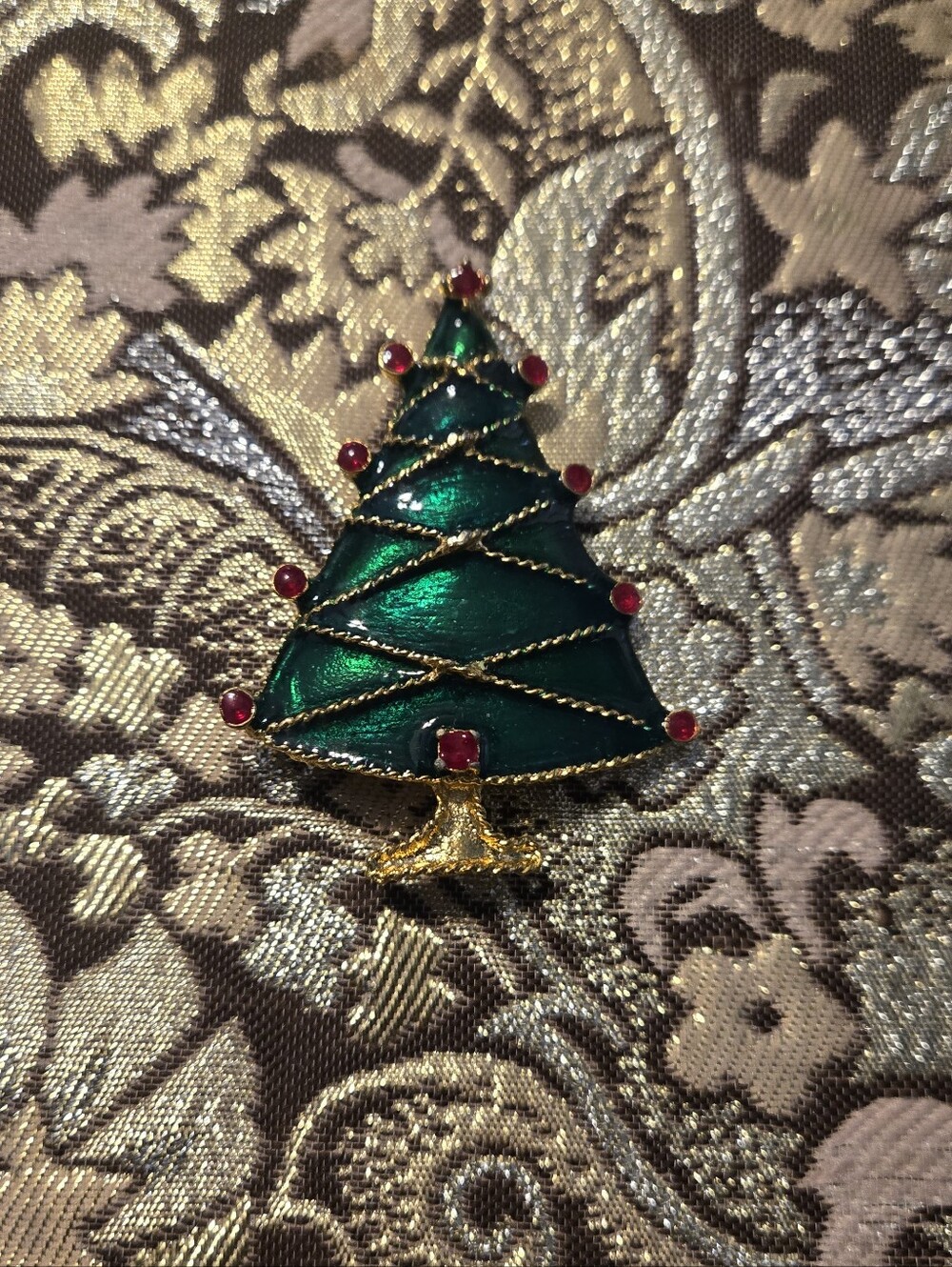 Emerald Green Christmas Tree Pin with Red Accents